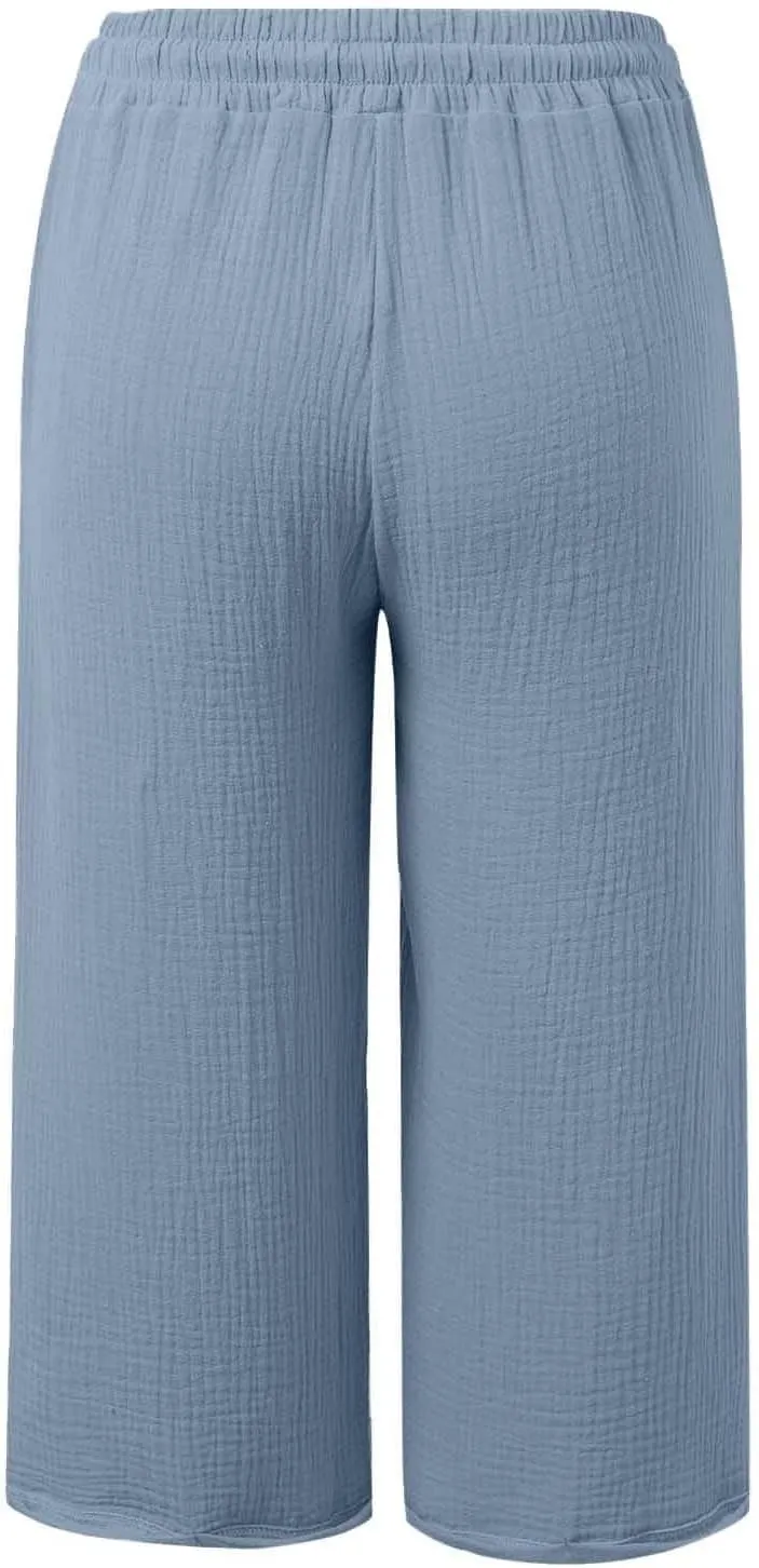 Linen Pants Women Summer Casual High Waist Straight Wide Leg Pants Comfortable Fit Trousers with Pockets