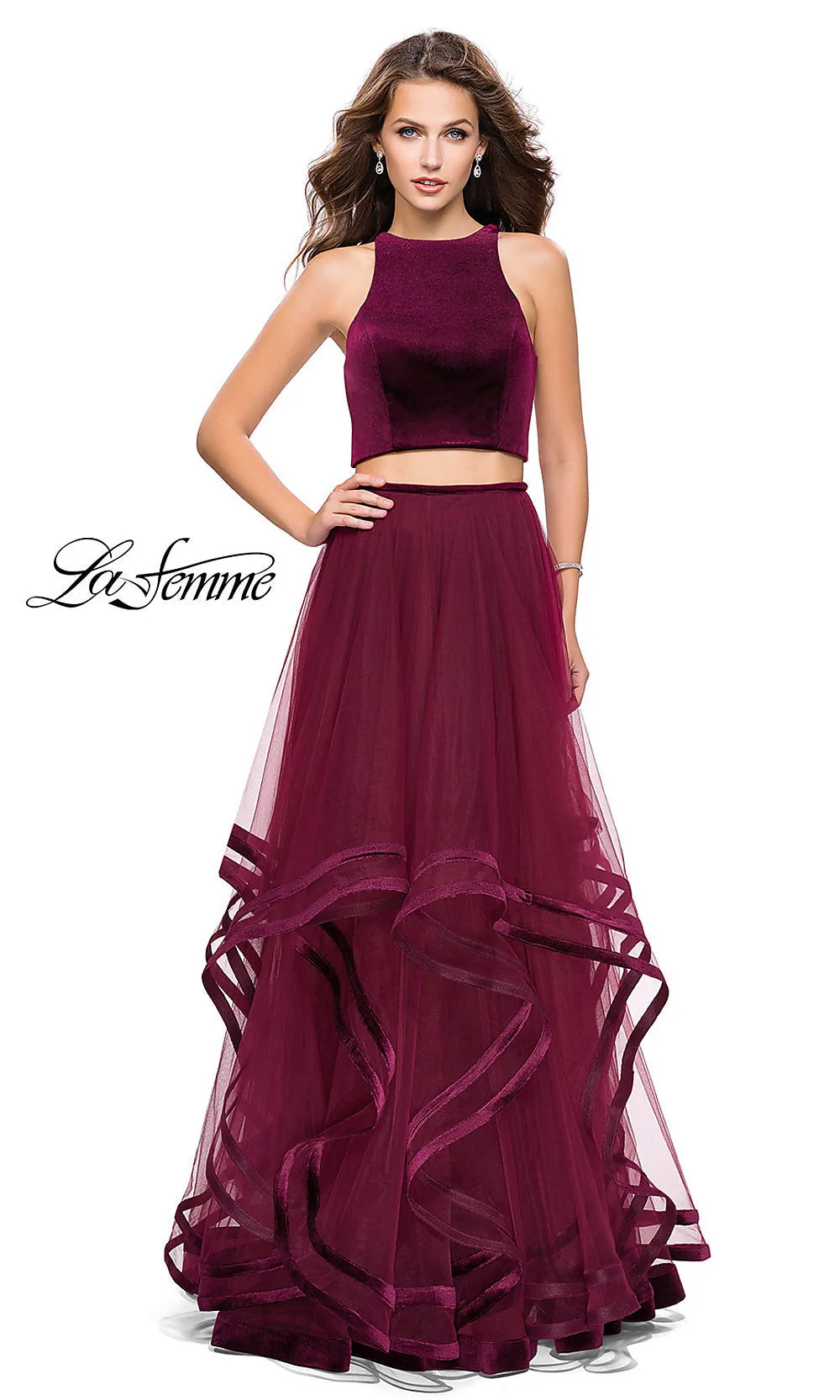 Long Two-Piece La Femme Prom Dress with Open Back