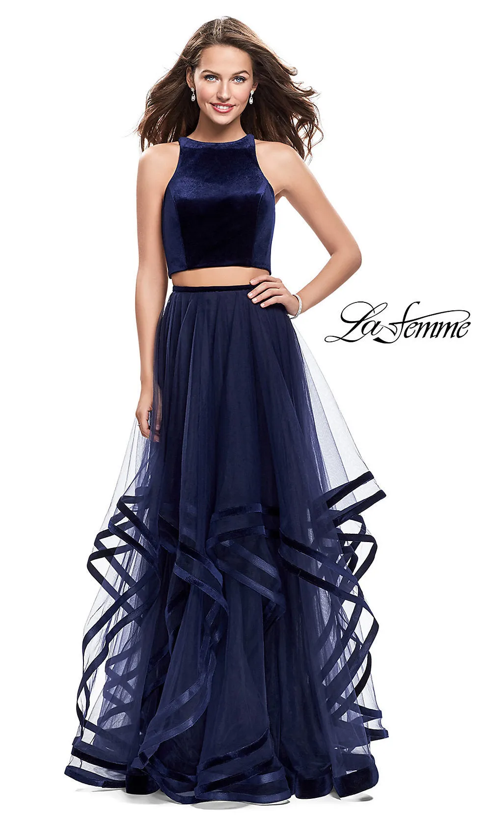 Long Two-Piece La Femme Prom Dress with Open Back