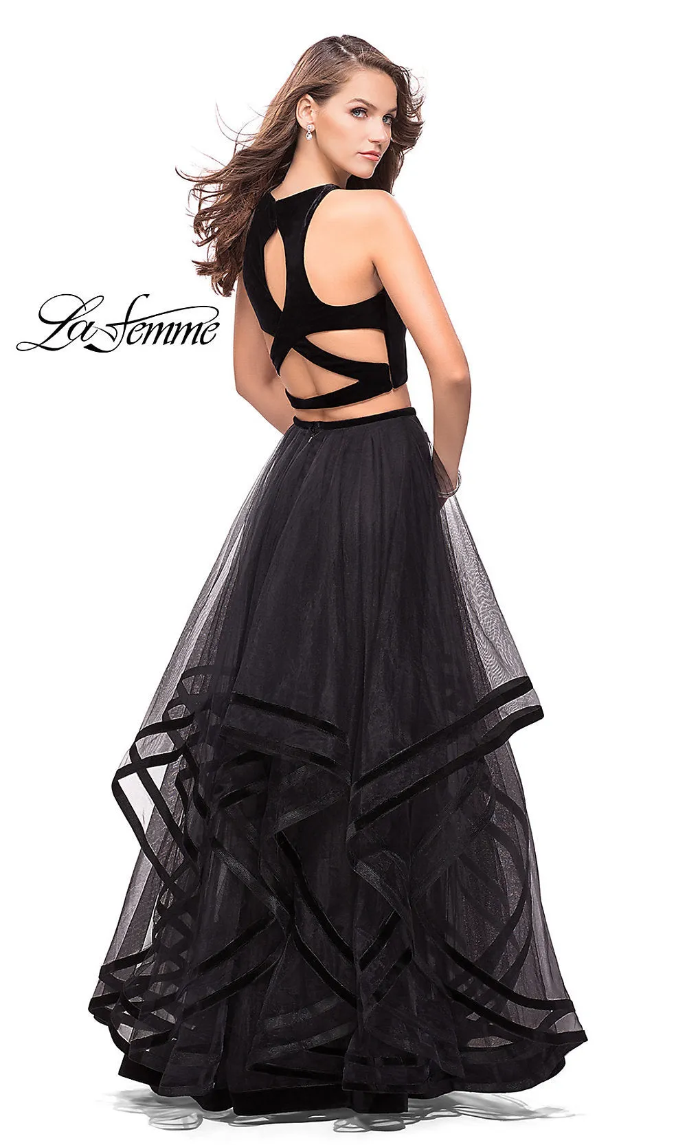 Long Two-Piece La Femme Prom Dress with Open Back
