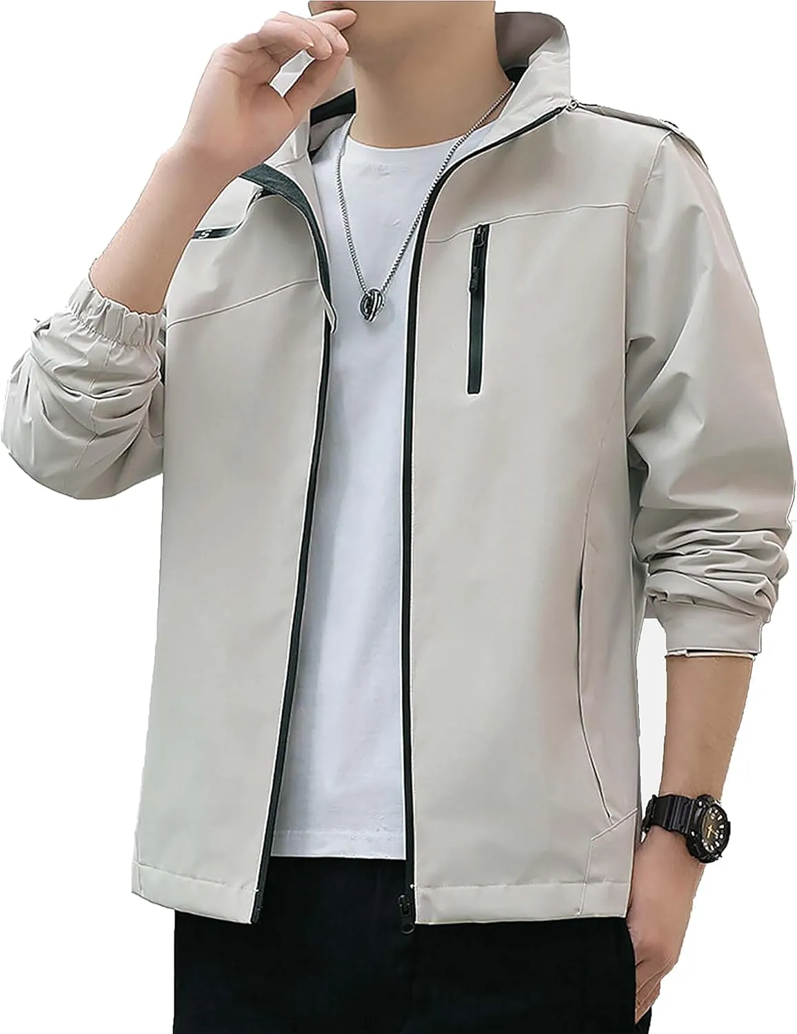 Men's Lightweight Softshell Jacket, Spring & Fall Hooded Windbreaker Jacket, Outdoor Waterproof Jacket