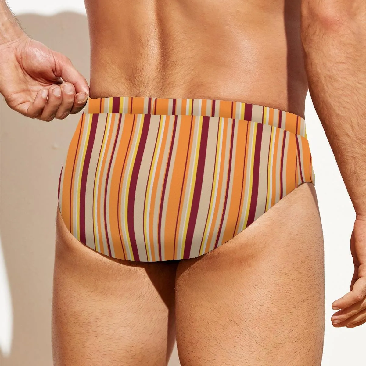 Men's Swim Briefs, Groovy 70s Men's Swimwear, Men's Speedo Style Swim Brief, Maroon Orange Stripe Swim Brief, Groovy 70s Print Swimwear Men
