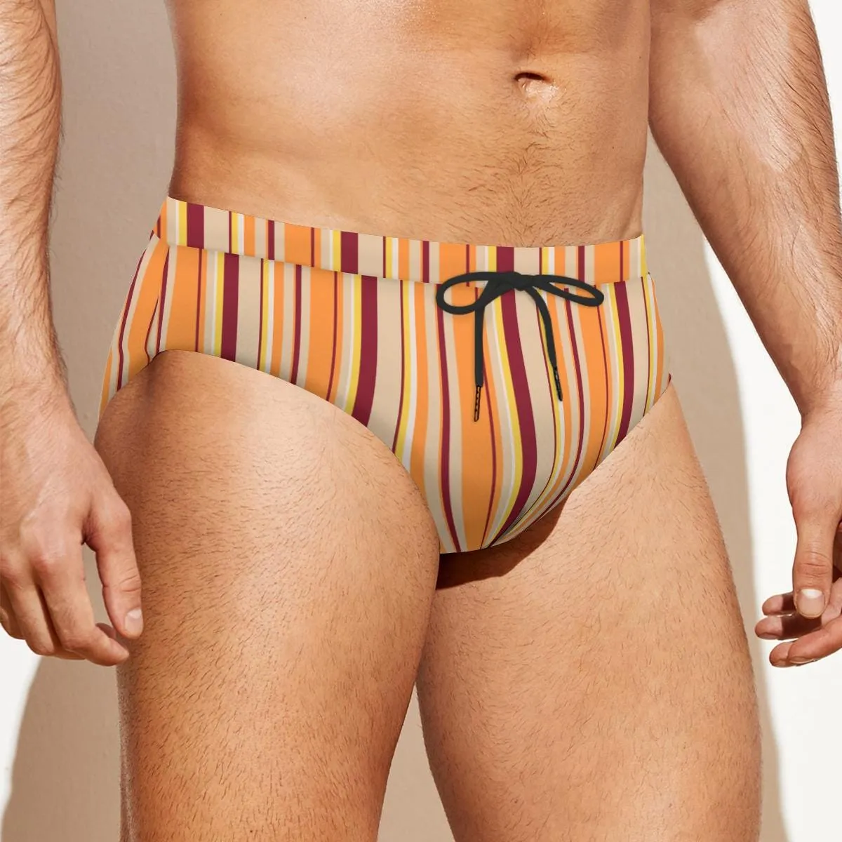 Men's Swim Briefs, Groovy 70s Men's Swimwear, Men's Speedo Style Swim Brief, Maroon Orange Stripe Swim Brief, Groovy 70s Print Swimwear Men