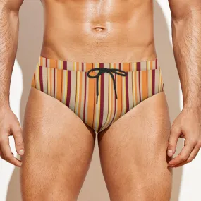 Men's Swim Briefs, Groovy 70s Men's Swimwear, Men's Speedo Style Swim Brief, Maroon Orange Stripe Swim Brief, Groovy 70s Print Swimwear Men