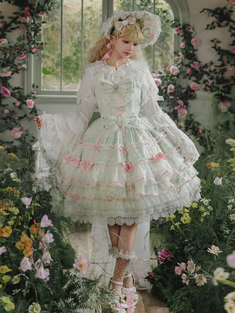 Mint Green Layered Skirt Hanayome Dress Sweet Hime Lolita Jumper Skirt with Removable Bows
