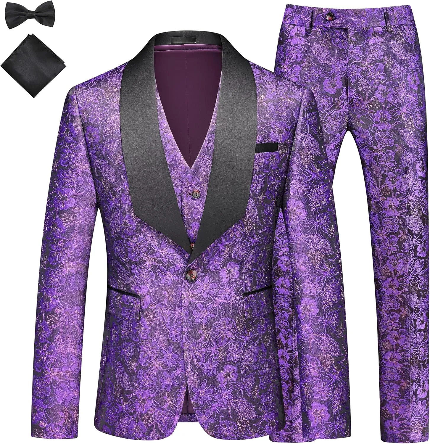 MOGU Mens 3 Piece Tuxedo Slim Fit Jacquard Floral Vintage Groomsmen Wedding Prom Suit