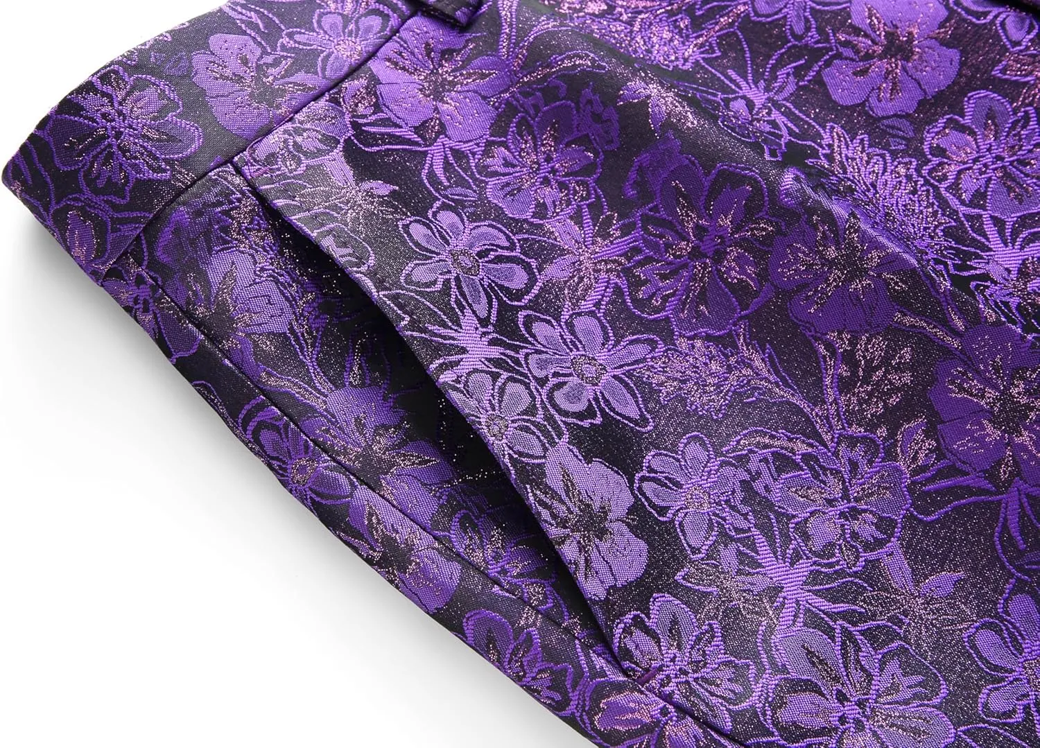 MOGU Mens 3 Piece Tuxedo Slim Fit Jacquard Floral Vintage Groomsmen Wedding Prom Suit