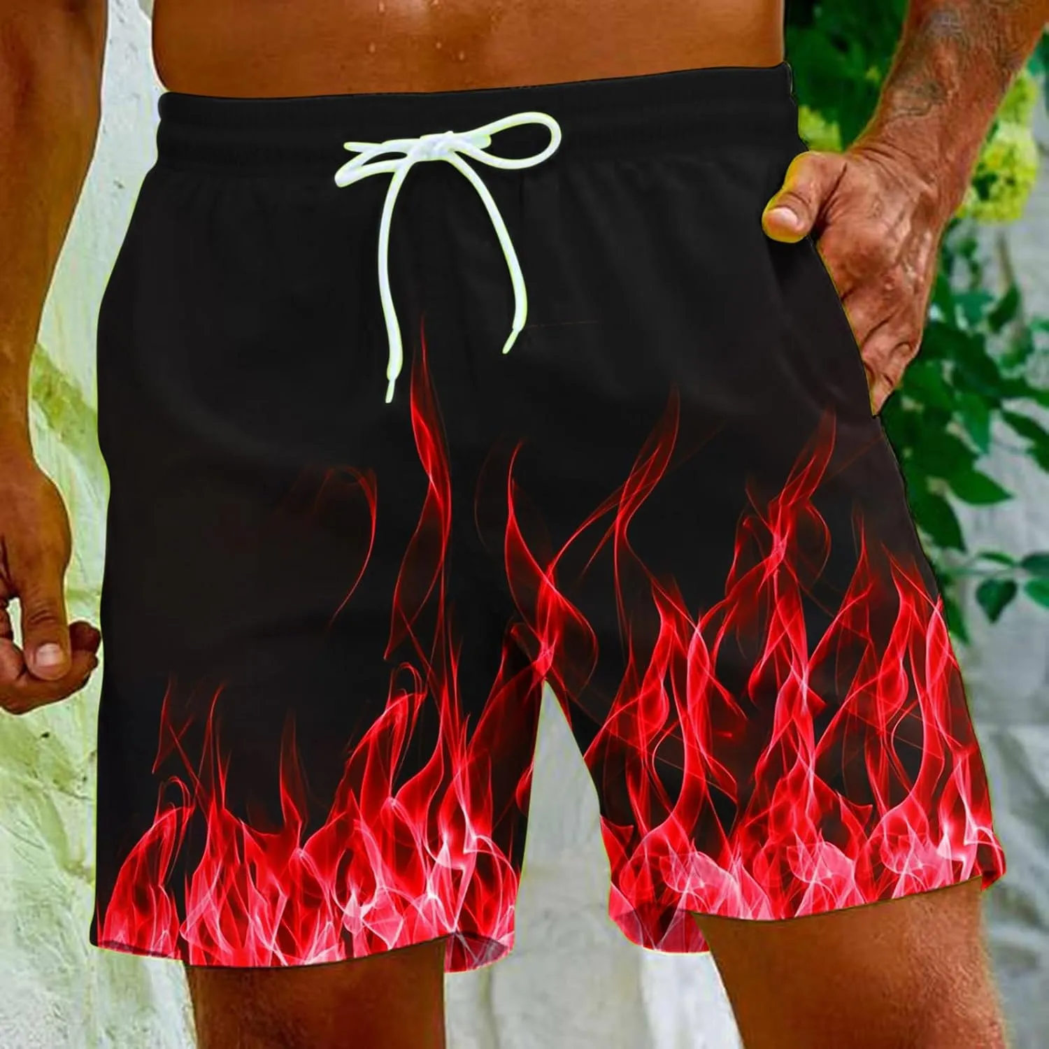 Muscularfit Swimsuit for Men 2024 Trendy Drawstring Quick Dry Swim Trunks with Pockets Casual Flame Print Beach Bathing Suits