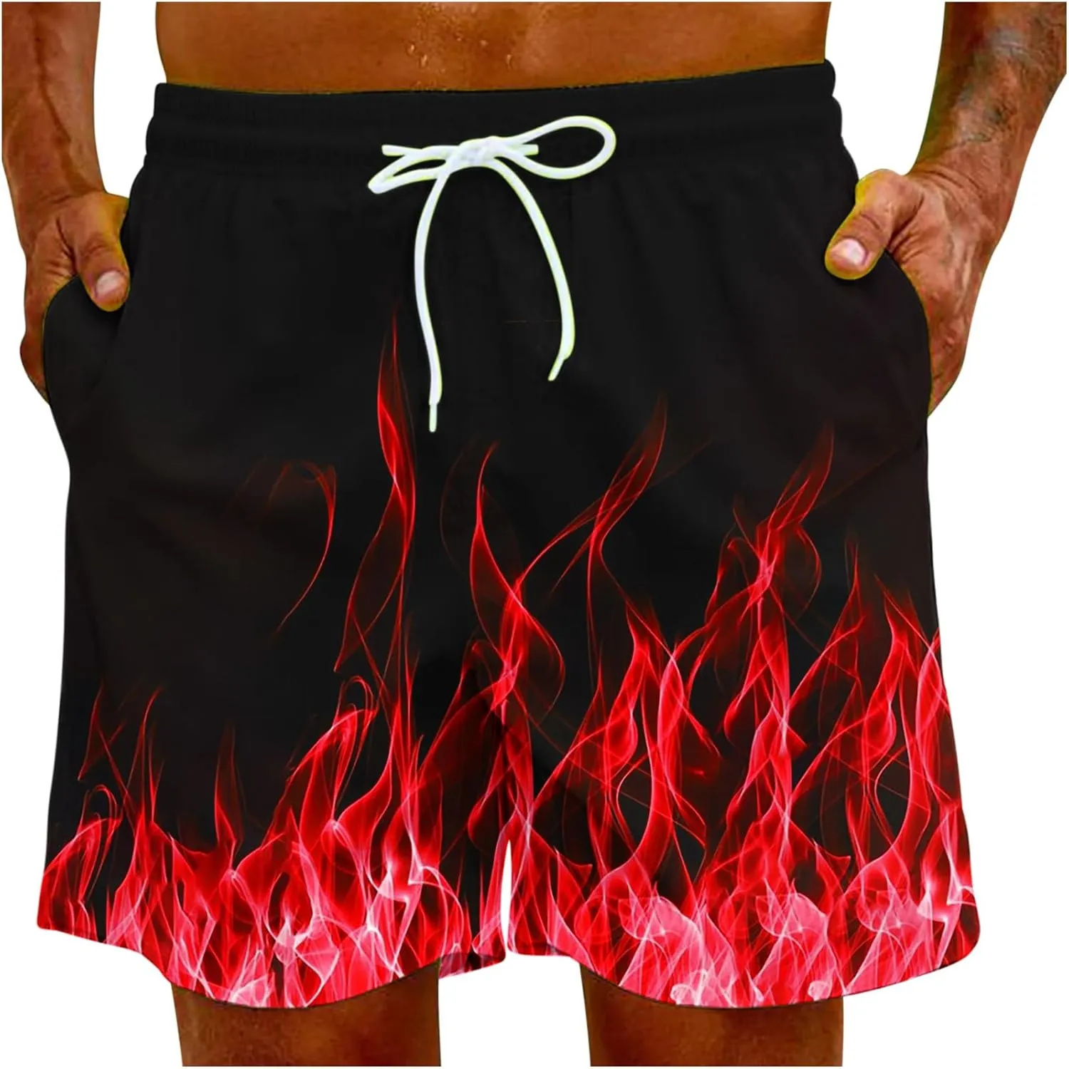 Muscularfit Swimsuit for Men 2024 Trendy Drawstring Quick Dry Swim Trunks with Pockets Casual Flame Print Beach Bathing Suits