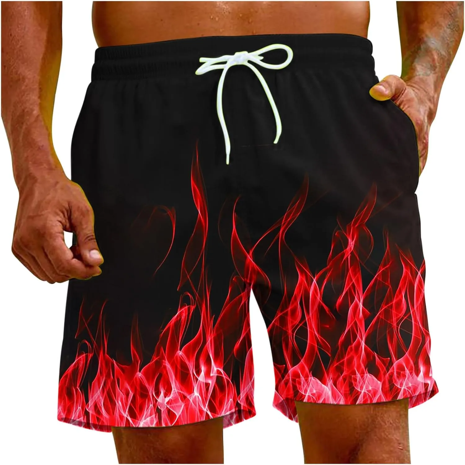 Muscularfit Swimsuit for Men 2024 Trendy Drawstring Quick Dry Swim Trunks with Pockets Casual Flame Print Beach Bathing Suits