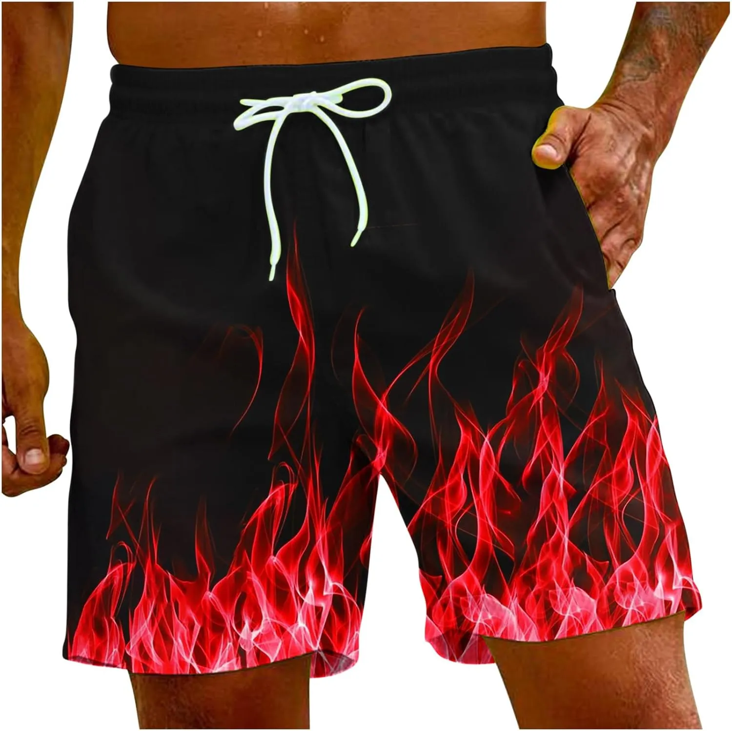 Muscularfit Swimsuit for Men 2024 Trendy Drawstring Quick Dry Swim Trunks with Pockets Casual Flame Print Beach Bathing Suits
