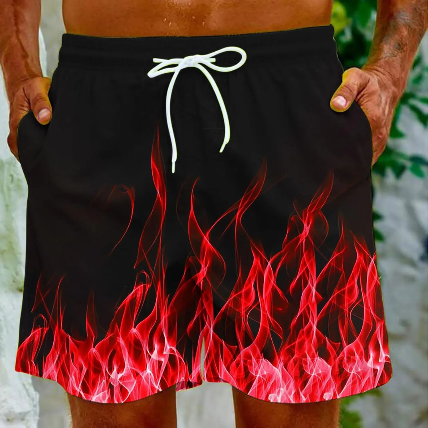 Muscularfit Swimsuit for Men 2024 Trendy Drawstring Quick Dry Swim Trunks with Pockets Casual Flame Print Beach Bathing Suits