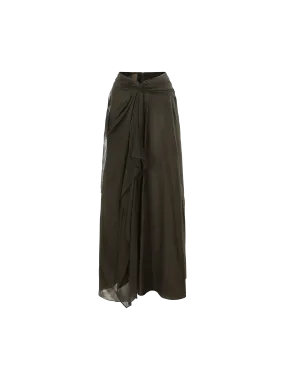 Olive Silk Draped Mid-Length Skirt