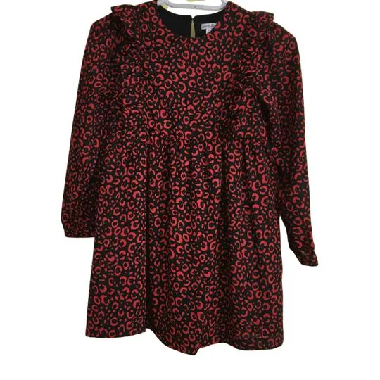 Piccola Luido Girls Dress Ruffle Details Sleeve Long Animal Red Color