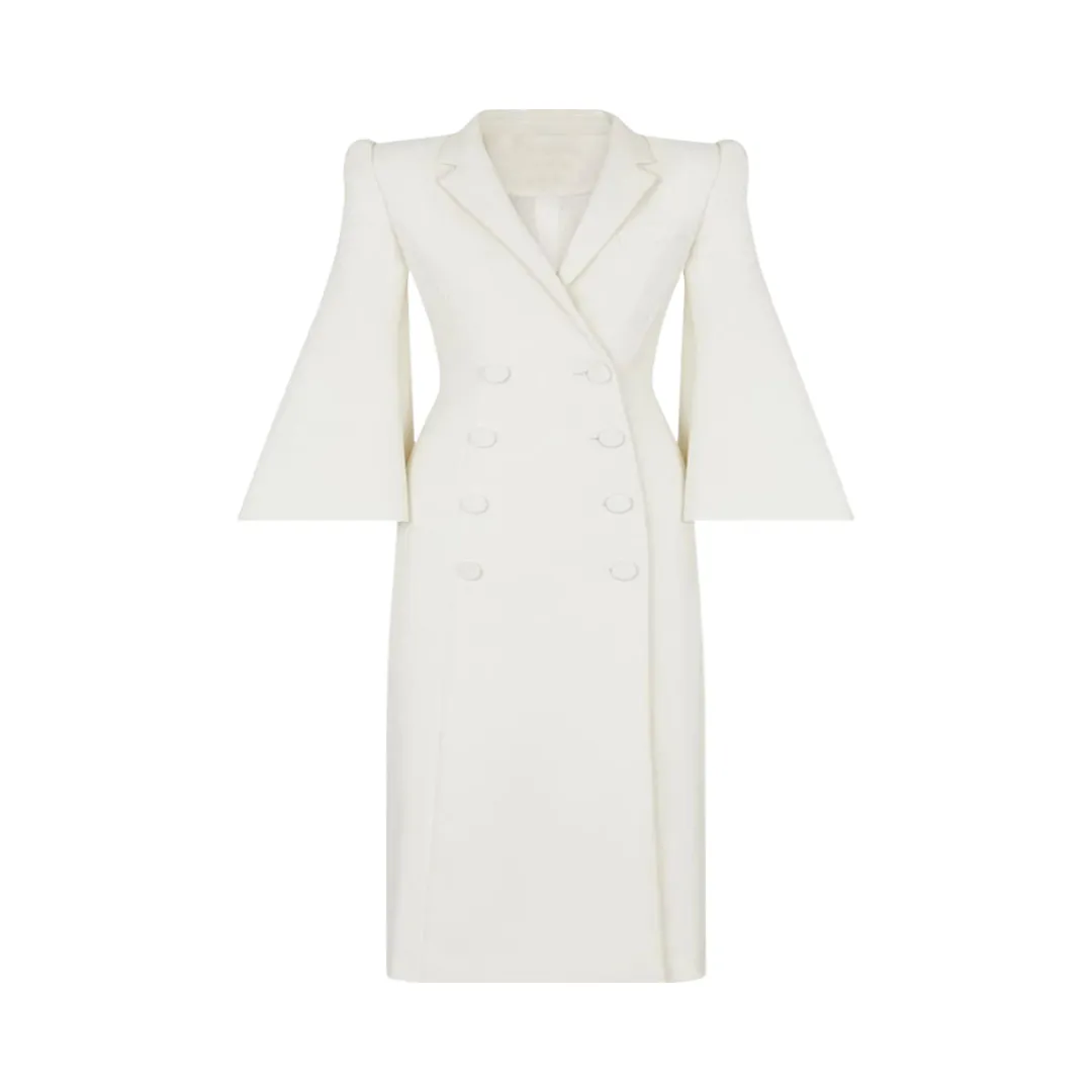 Pre Order:  Solid Double Breasted Flare Sleeve White Blazer
