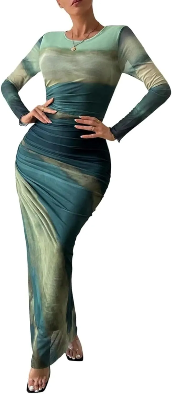 Ruched Dress Long Sleeve Dress Tie Dye Dress Maxi Dress Elegant Dress Slim Fit Dress Bodycon Dress Mesh Dress