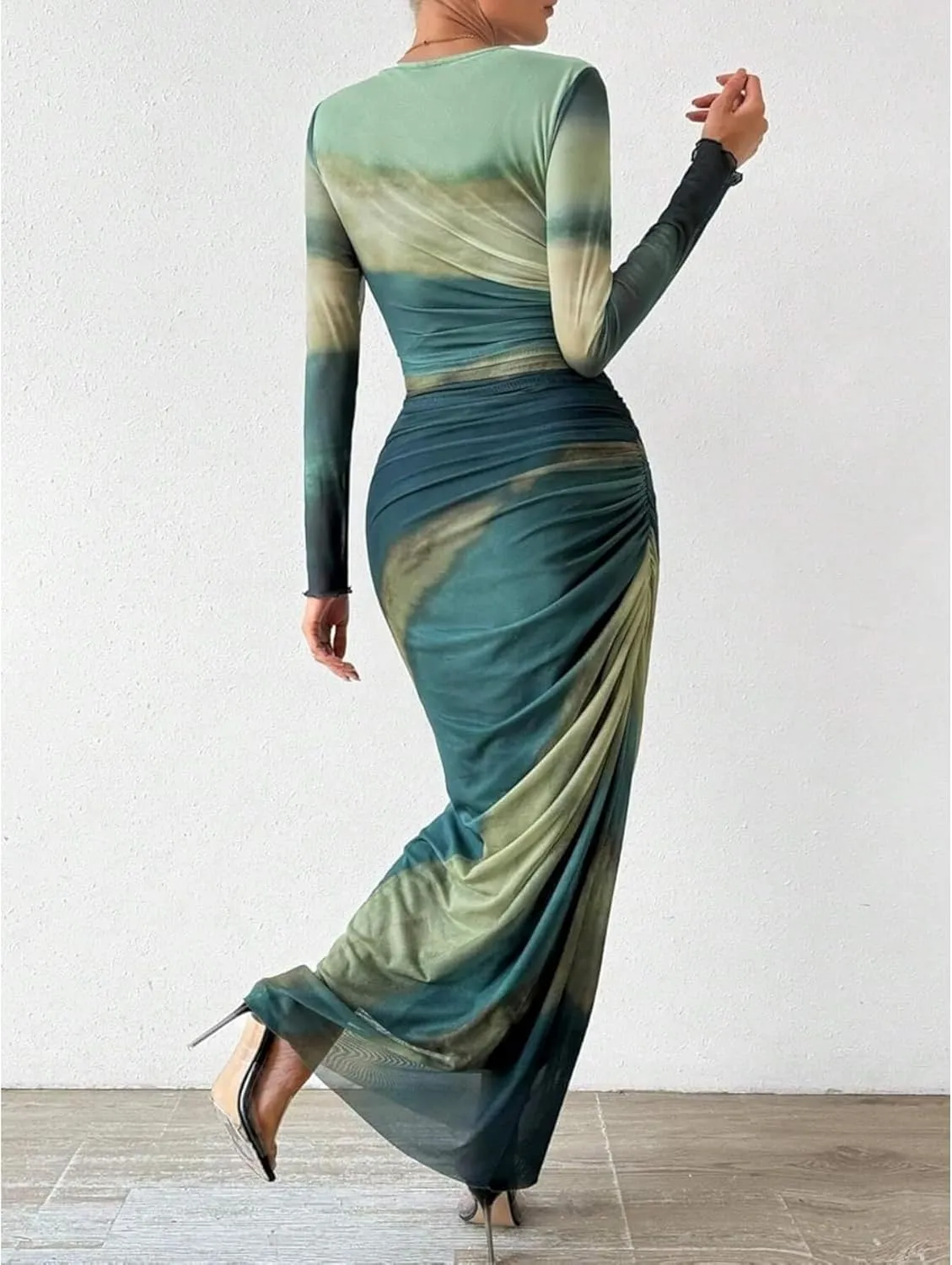 Ruched Dress Long Sleeve Dress Tie Dye Dress Maxi Dress Elegant Dress Slim Fit Dress Bodycon Dress Mesh Dress