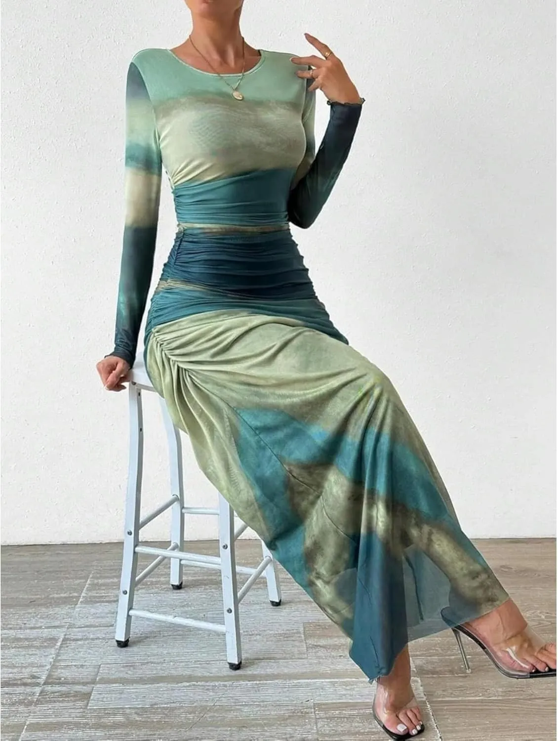 Ruched Dress Long Sleeve Dress Tie Dye Dress Maxi Dress Elegant Dress Slim Fit Dress Bodycon Dress Mesh Dress