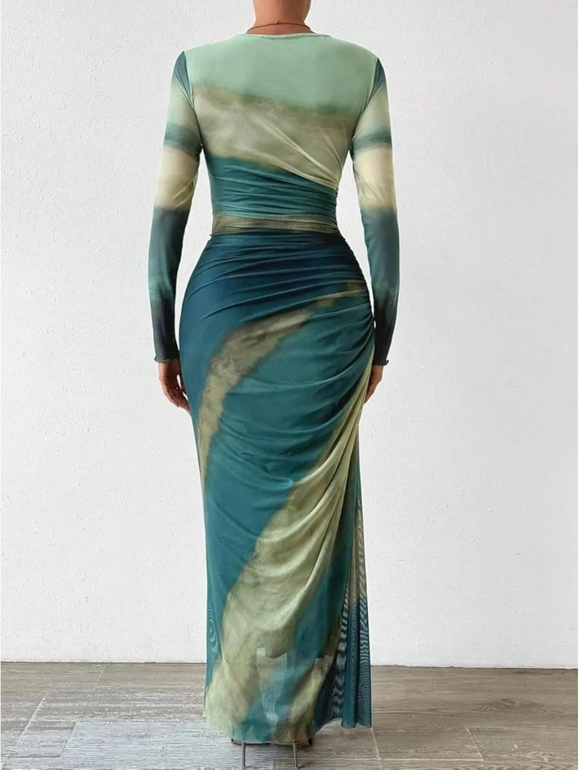 Ruched Dress Long Sleeve Dress Tie Dye Dress Maxi Dress Elegant Dress Slim Fit Dress Bodycon Dress Mesh Dress