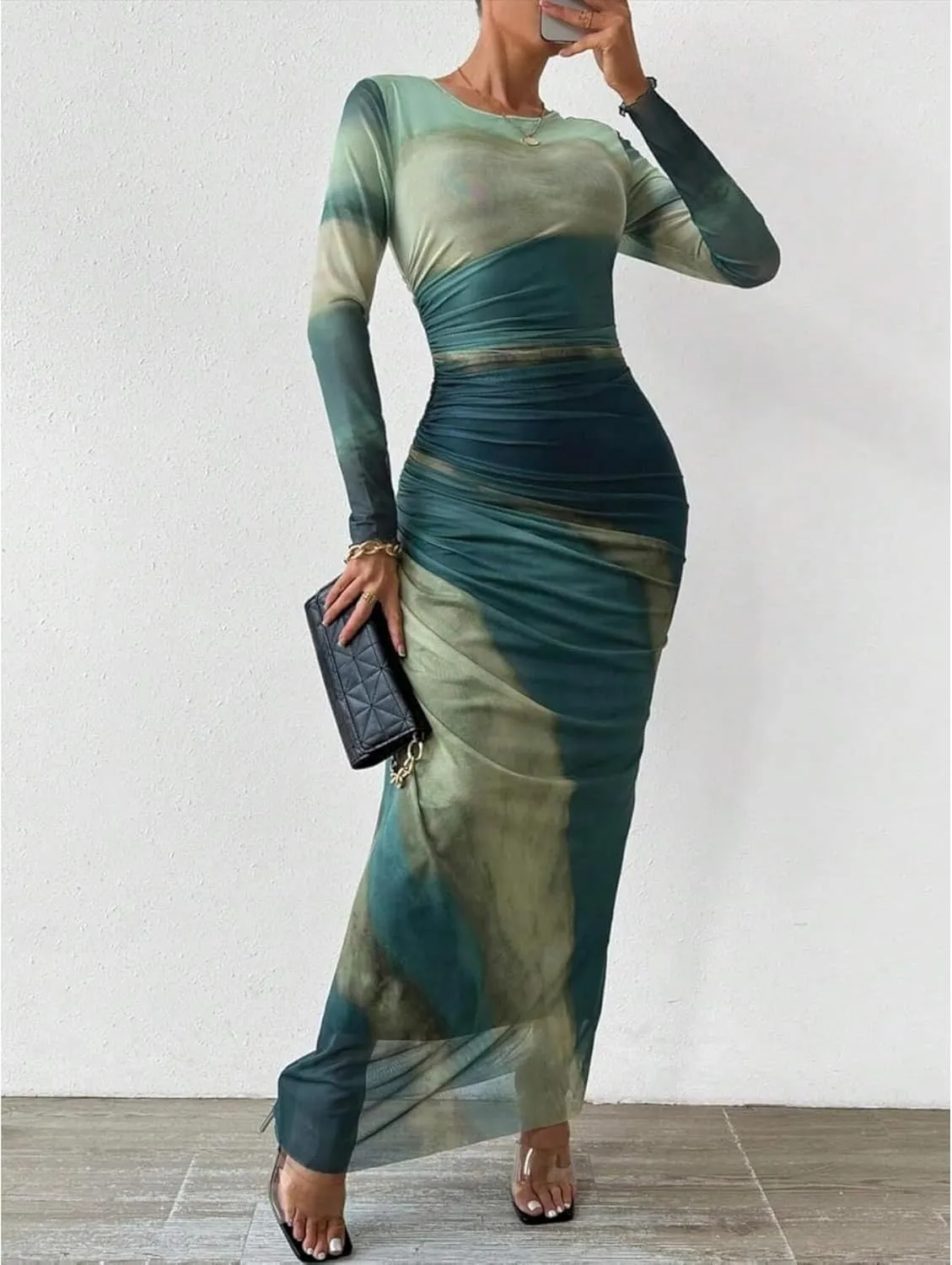 Ruched Dress Long Sleeve Dress Tie Dye Dress Maxi Dress Elegant Dress Slim Fit Dress Bodycon Dress Mesh Dress