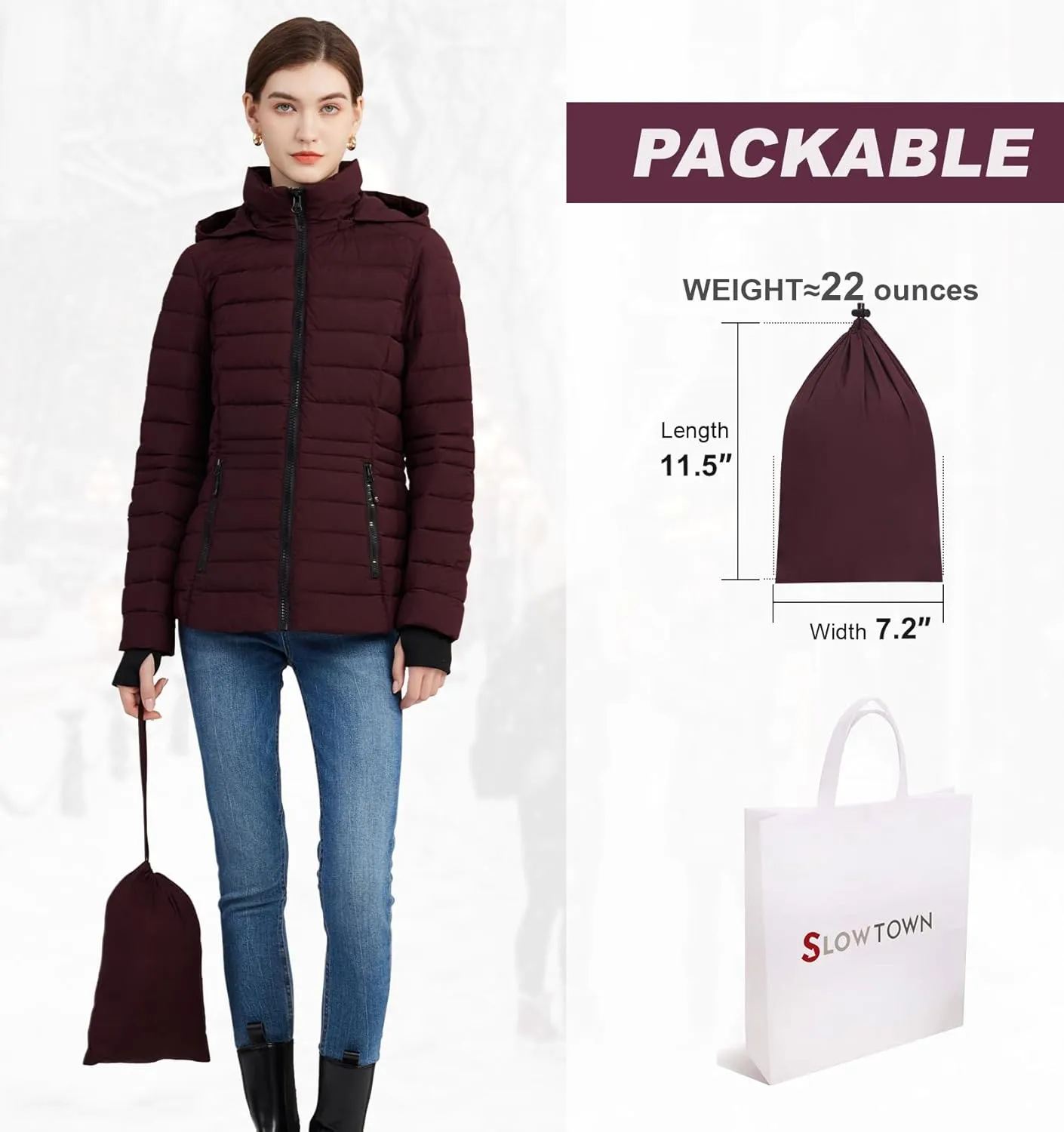 SLOWTOWN Women’s Lightweight Puffer Jacket Packable Hooded Puffer Jacket Winter Puffy Jacket