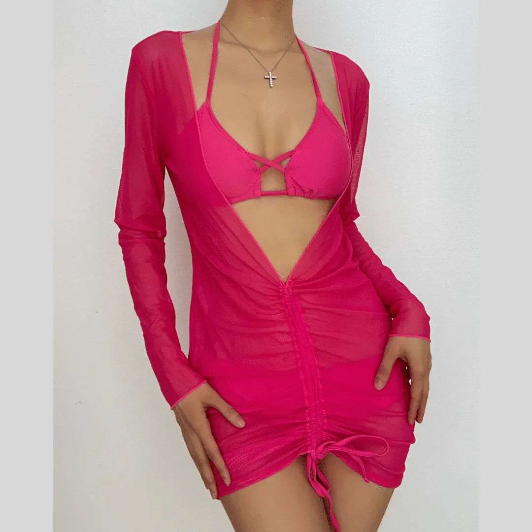 Solid cross back halter long sleeve ruched mini dress 3 piece swimwear  | red tango dress