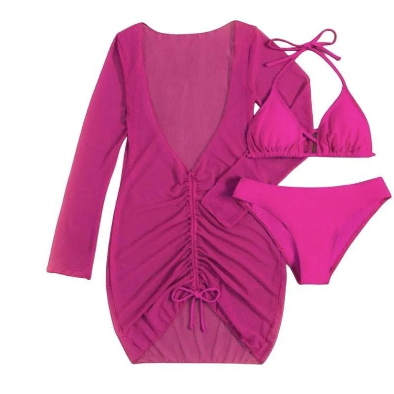 Solid cross back halter long sleeve ruched mini dress 3 piece swimwear  | red tango dress