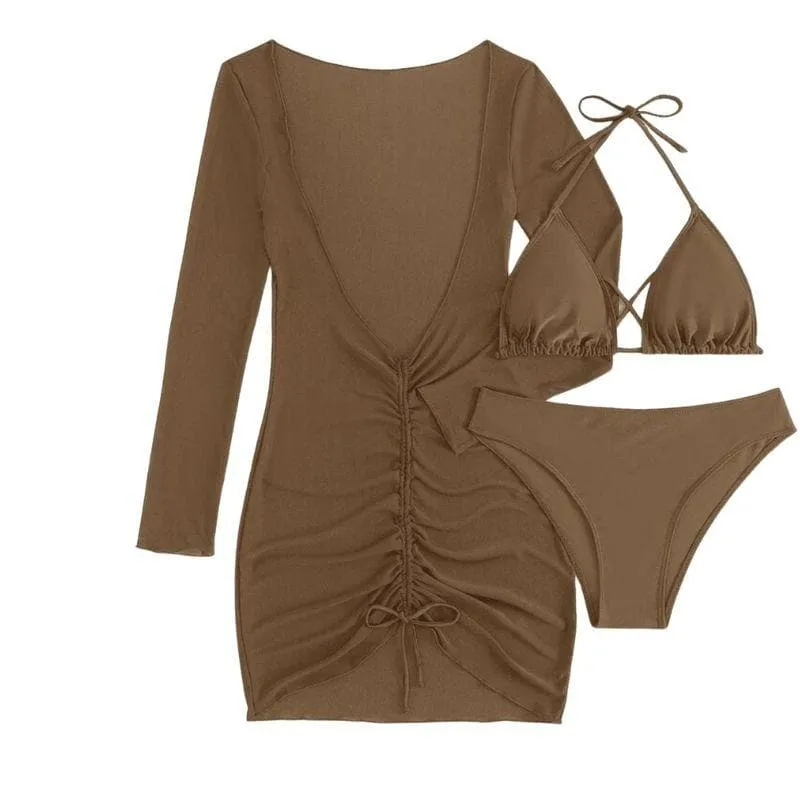 Solid cross back halter long sleeve ruched mini dress 3 piece swimwear  | red tango dress