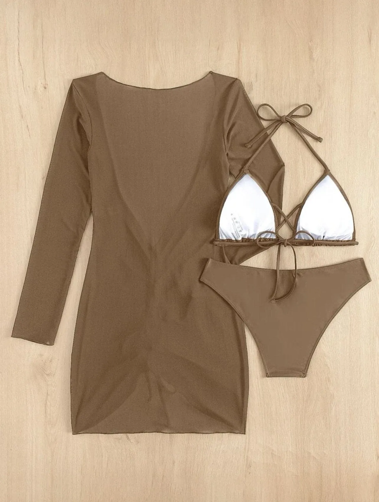 Solid cross back halter long sleeve ruched mini dress 3 piece swimwear  | red tango dress