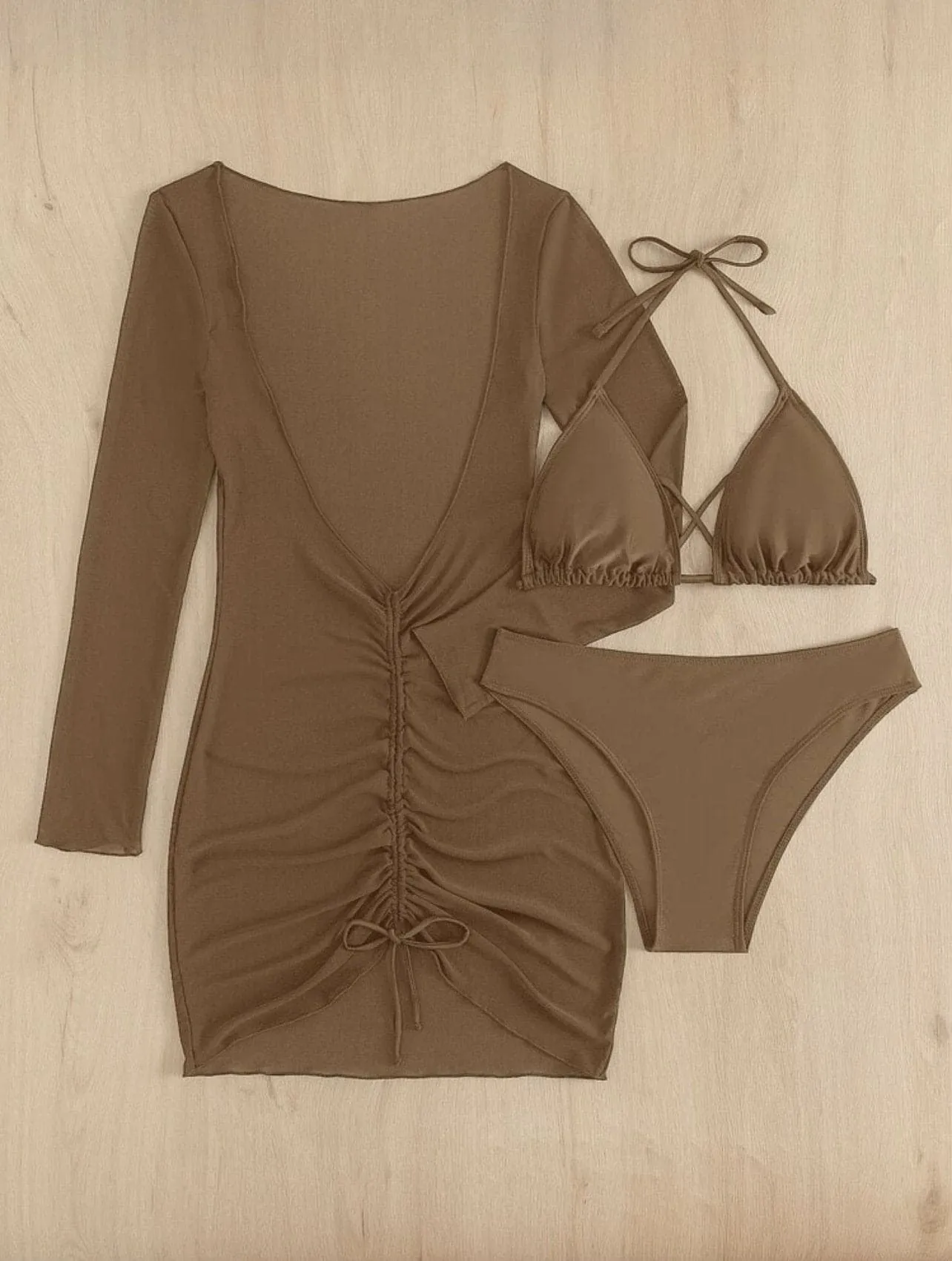 Solid cross back halter long sleeve ruched mini dress 3 piece swimwear  | red tango dress