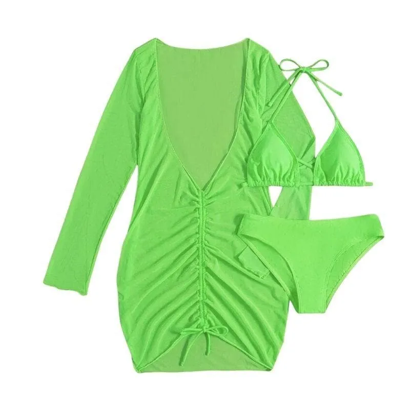 Solid cross back halter long sleeve ruched mini dress 3 piece swimwear  | red tango dress