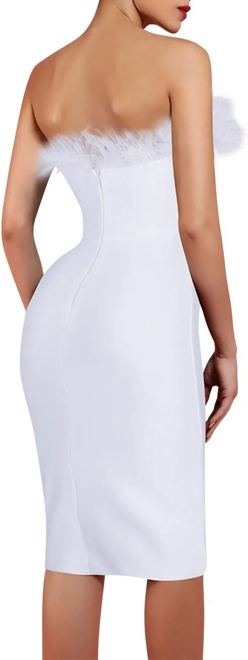 UONBOX Women's Elegant Strapless Feather Fashion Bodycon Bandage Tube Dress