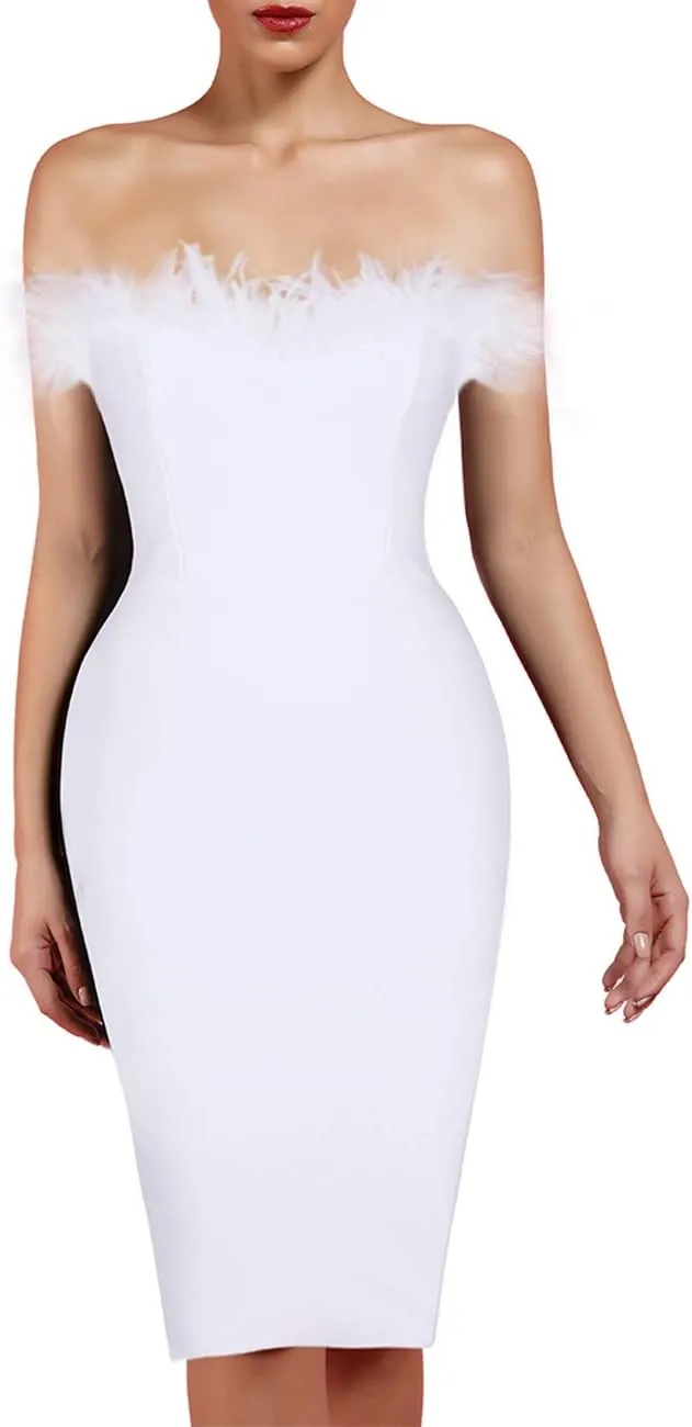 UONBOX Women's Elegant Strapless Feather Fashion Bodycon Bandage Tube Dress