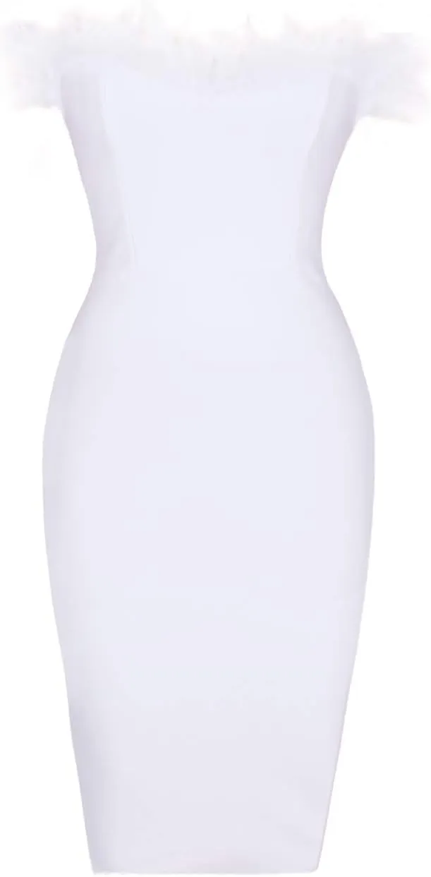UONBOX Women's Elegant Strapless Feather Fashion Bodycon Bandage Tube Dress