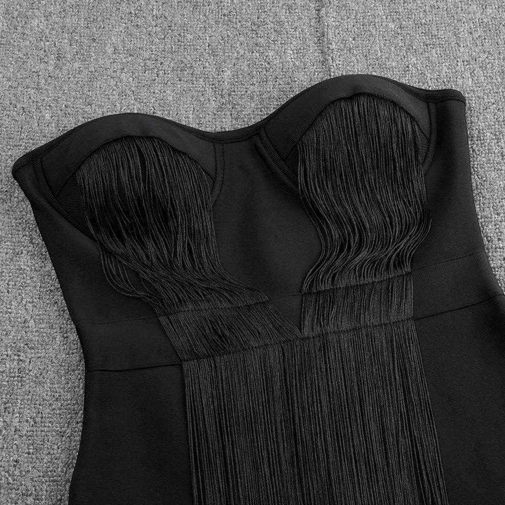 UONBOX Women's Strapless Elegant Tassel Tube Dress Bodycon Party Bandage Dress