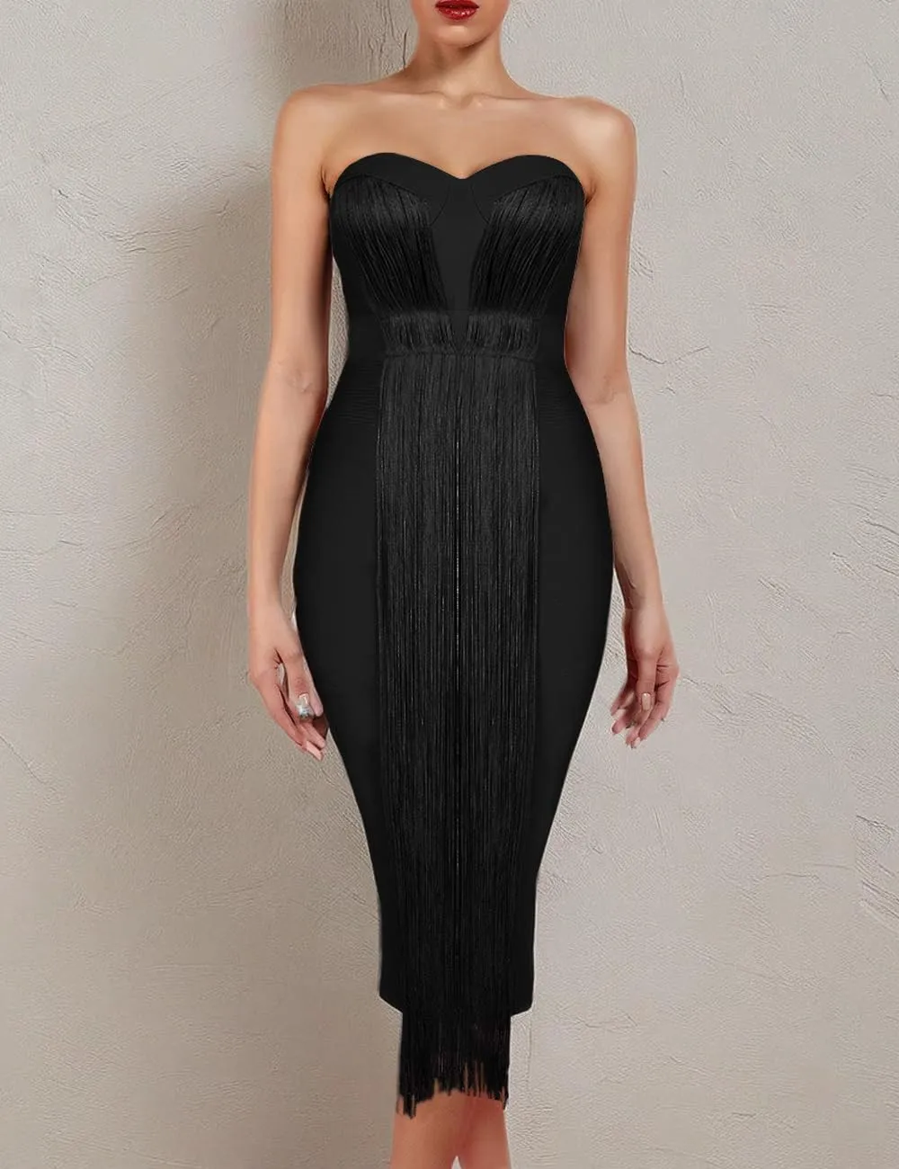 UONBOX Women's Strapless Elegant Tassel Tube Dress Bodycon Party Bandage Dress