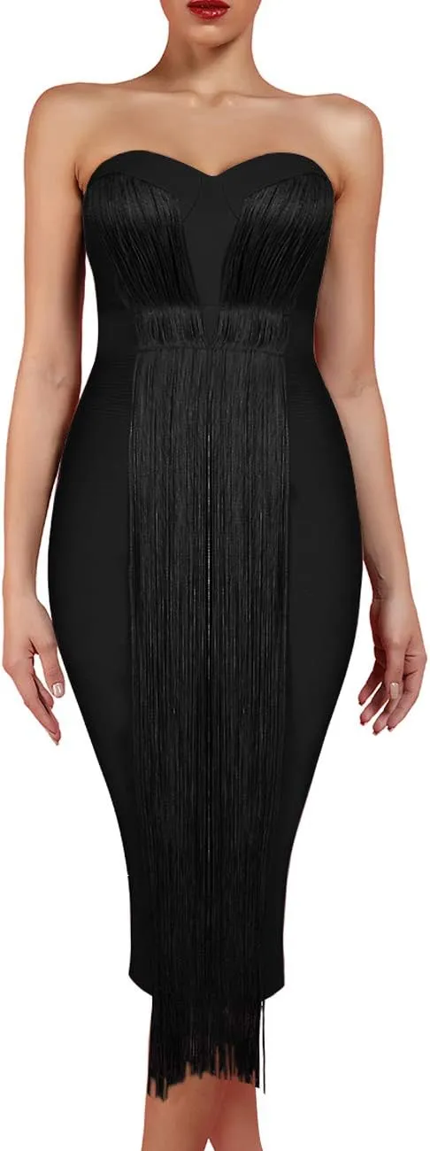 UONBOX Women's Strapless Elegant Tassel Tube Dress Bodycon Party Bandage Dress