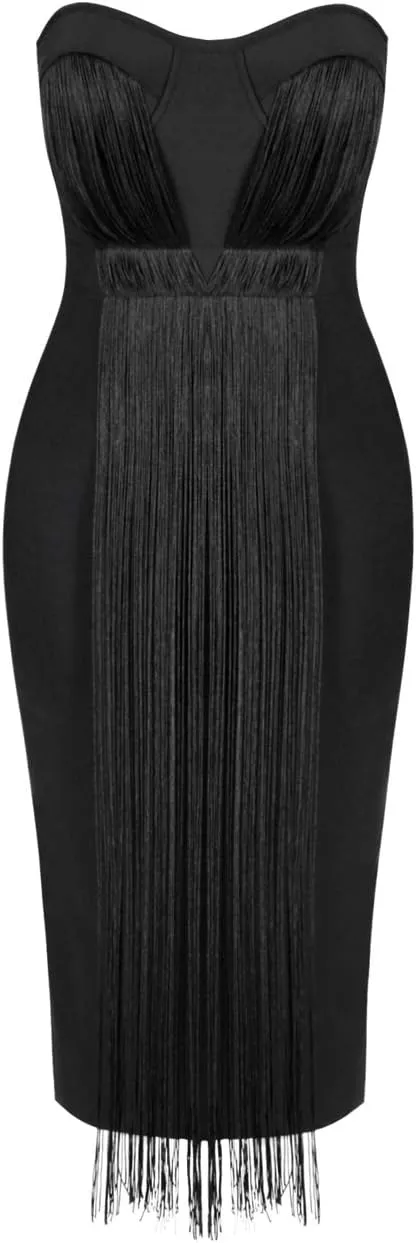 UONBOX Women's Strapless Elegant Tassel Tube Dress Bodycon Party Bandage Dress
