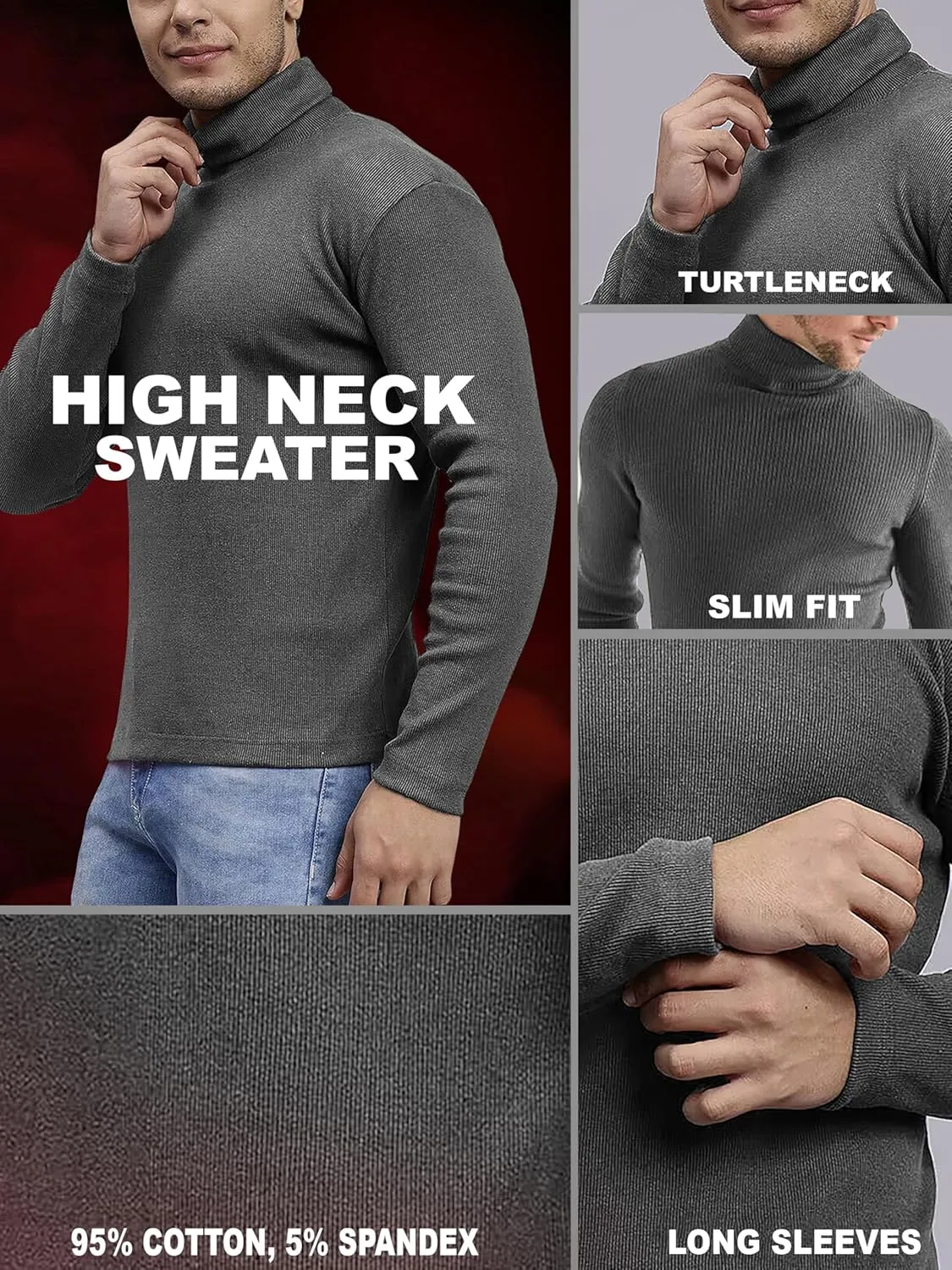 URBAN BUCK Turtleneck Men Long Sleeve Knitted Shirt - Ultra Soft Cotton Slim Fit Ribbed Turtle Neck Sweater for Men