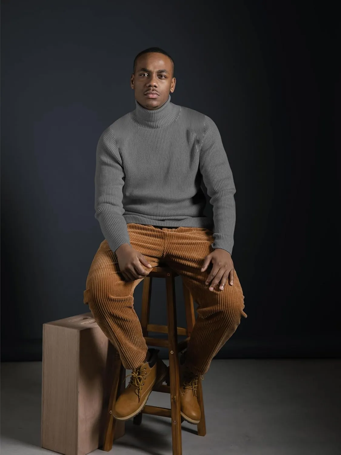 URBAN BUCK Turtleneck Men Long Sleeve Knitted Shirt - Ultra Soft Cotton Slim Fit Ribbed Turtle Neck Sweater for Men