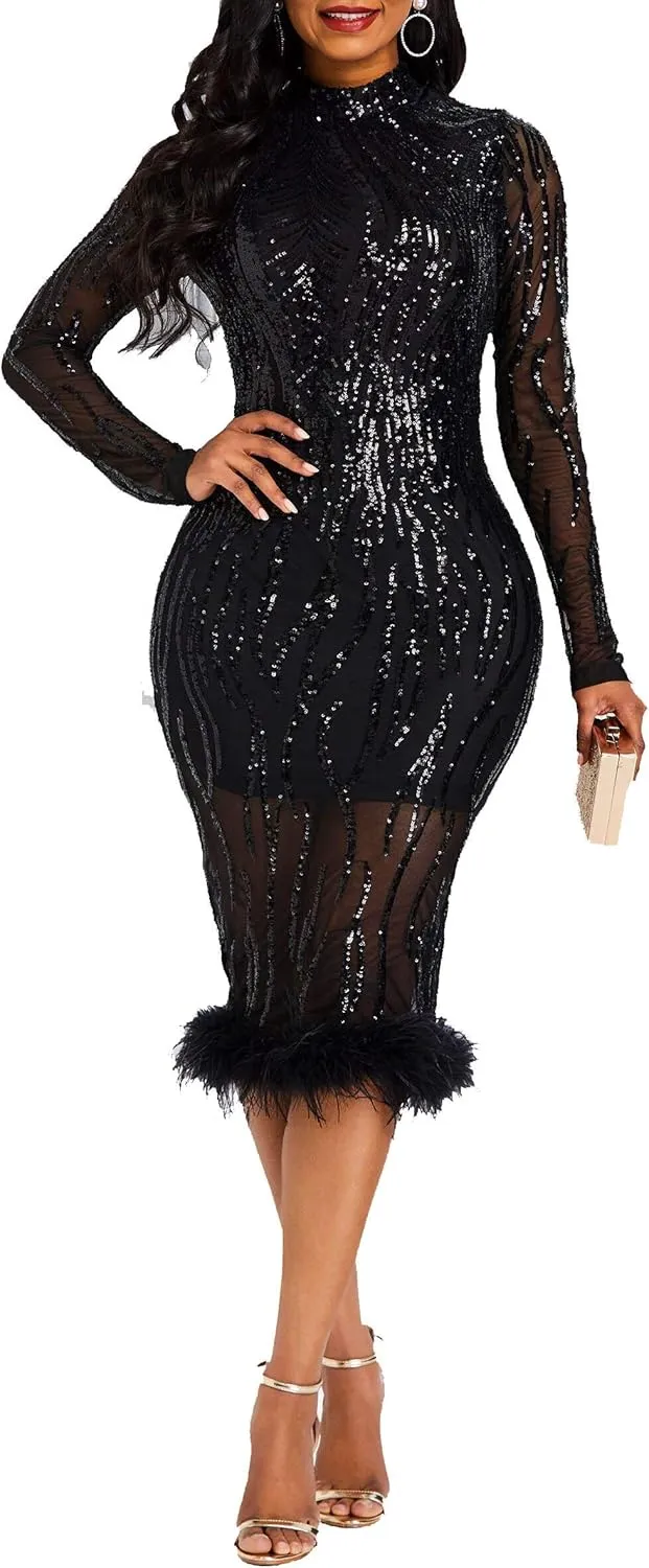 VERWIN Sequins Patchwork Bodycon Dress Women's Long Sleeve Dress Elegant Dress Plume Maxi Dress Party Dress
