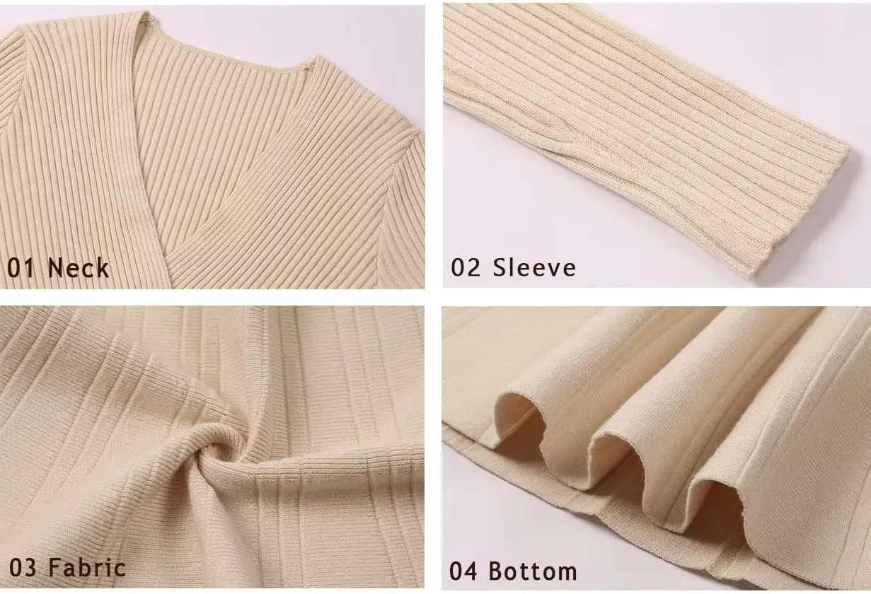 VIMPUNEC Fall Tie Waist Sweater Dress Elegant V-Neck Wrap Dress Knit Mini Dress