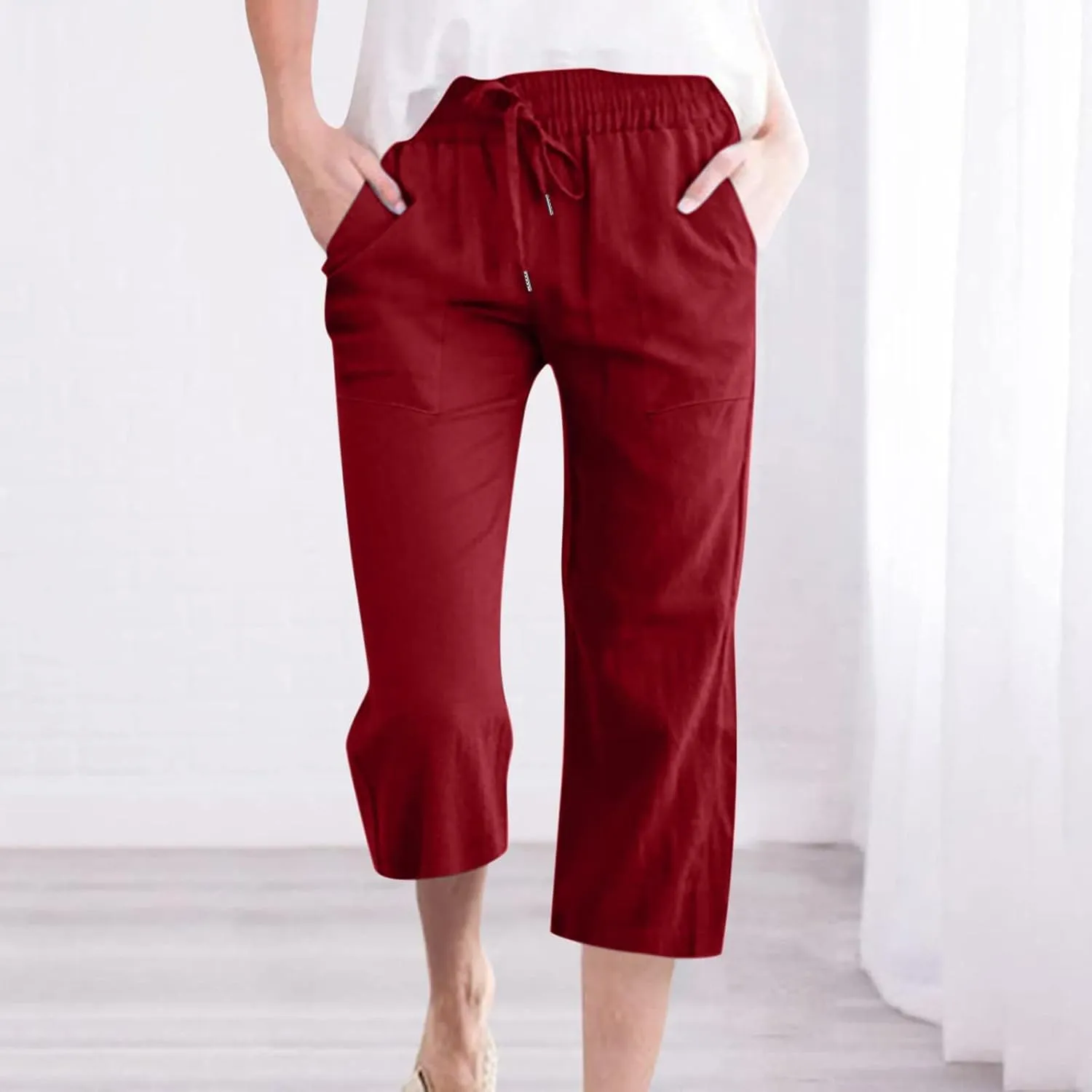Women Casual Comfortable High Waisted Wide Leg Pants Drawstring Elastic Trousers Comfy Straight Leg Long Pants with Pockets