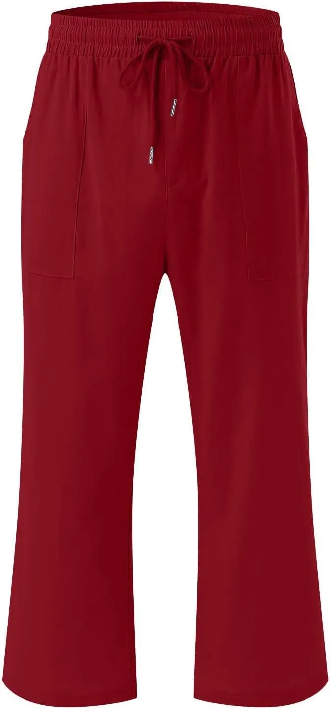 Women Casual Comfortable High Waisted Wide Leg Pants Drawstring Elastic Trousers Comfy Straight Leg Long Pants with Pockets