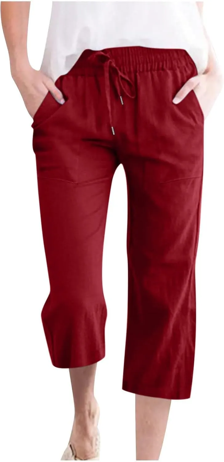 Women Casual Comfortable High Waisted Wide Leg Pants Drawstring Elastic Trousers Comfy Straight Leg Long Pants with Pockets