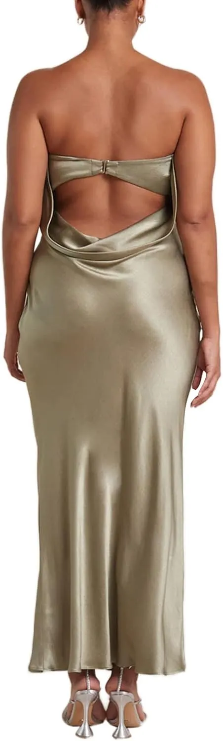 Women Elegant Tube Top Strapless Long Dress Open Back Satin Party Cocktail Bodycon Dress