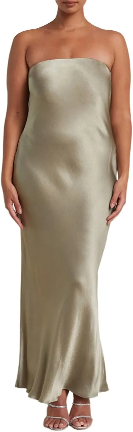 Women Elegant Tube Top Strapless Long Dress Open Back Satin Party Cocktail Bodycon Dress