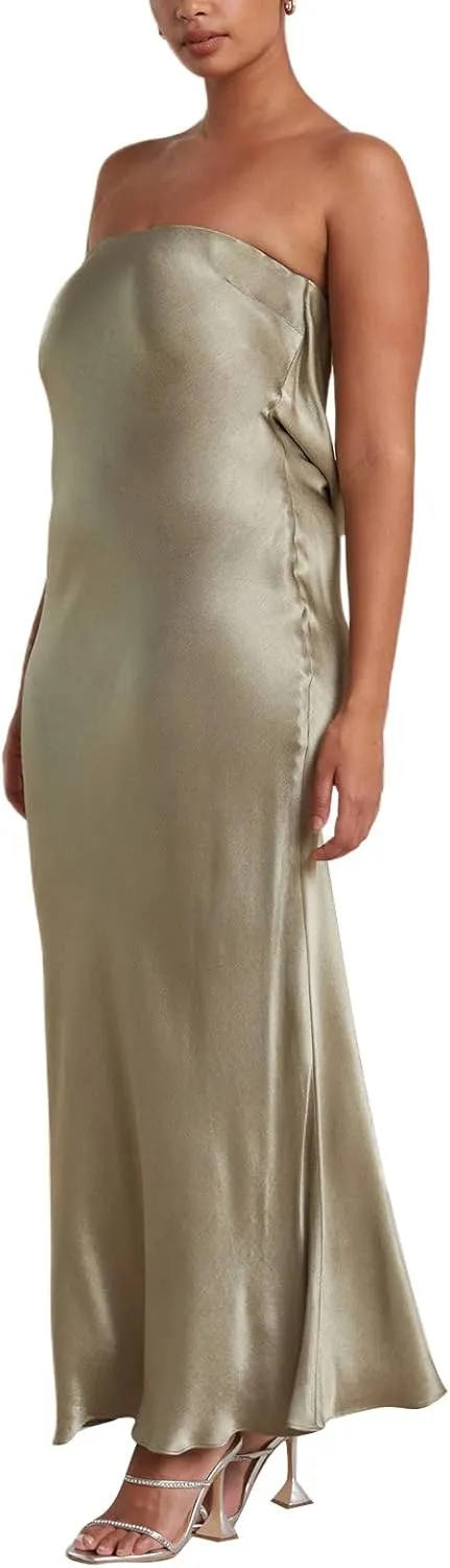 Women Elegant Tube Top Strapless Long Dress Open Back Satin Party Cocktail Bodycon Dress