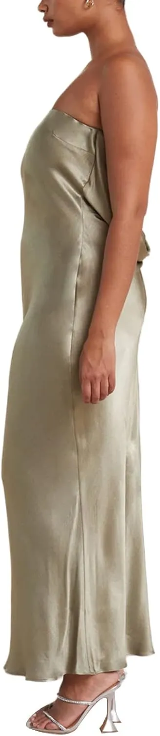 Women Elegant Tube Top Strapless Long Dress Open Back Satin Party Cocktail Bodycon Dress