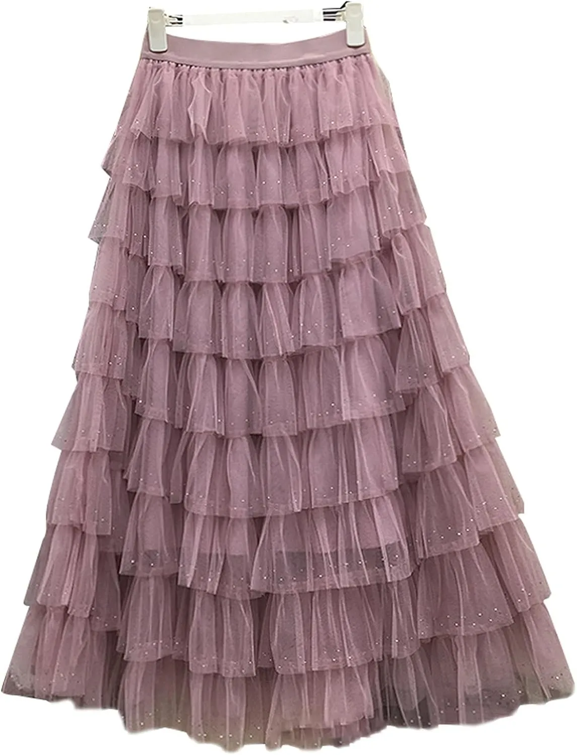 Women Multilayer Ruffles Tulle Skirt Elastic High Waist A-Line Tiered Layered Mesh Puffy Long Skirt